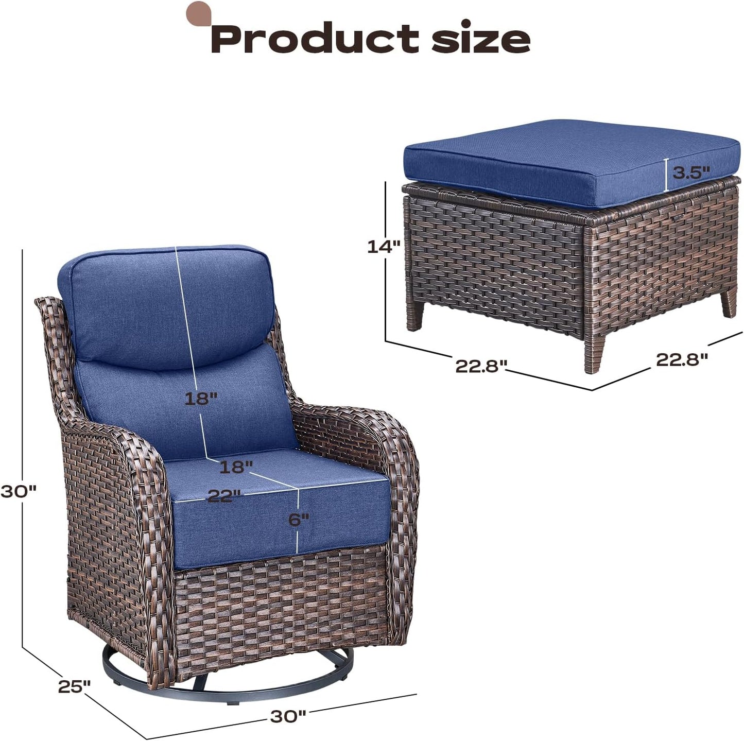 Wicker Outdoor Patio Furniture Set - 4 Piece Patio Conversation Set with Swivel Rocker Chairs and Ottomans, 6 inch Cushions, High Back, Deep Seating, for Porch Deck Garden Brown/Blue