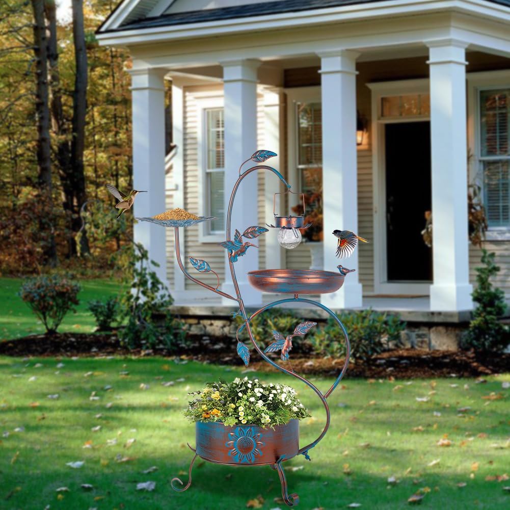 dreamysoul Metal Bird Bath for Outside, Birdbaths Outdoors with Planter and Feeder, Garden Blue Bird Baths with Solar Lights