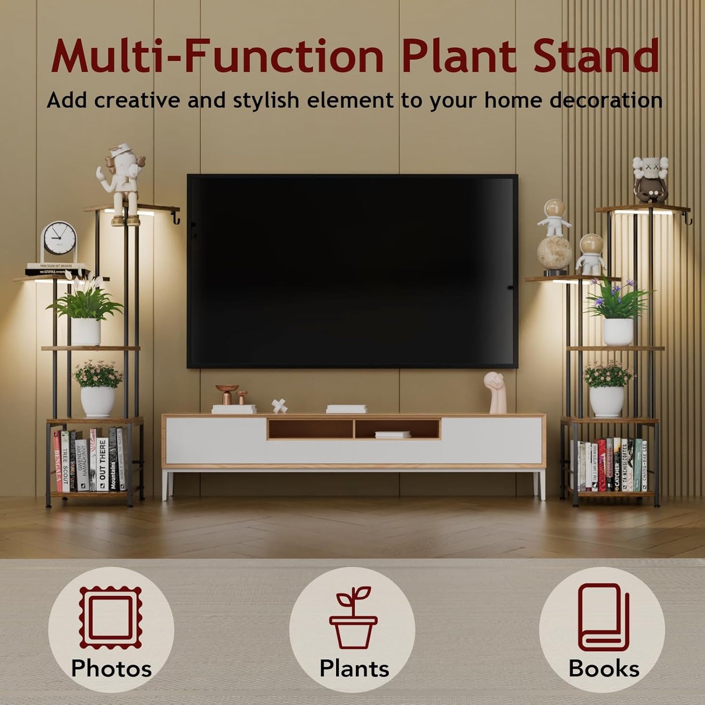 Plant Stand Indoor with Grow Light, 5-Tiered Tall Plant Stand Indoor, Metal Plant Shelf with Hanging Basket Hook and Adjustable Light, Ideal for Living Room, Garden, Patio,Brown and Black(2 pcs )