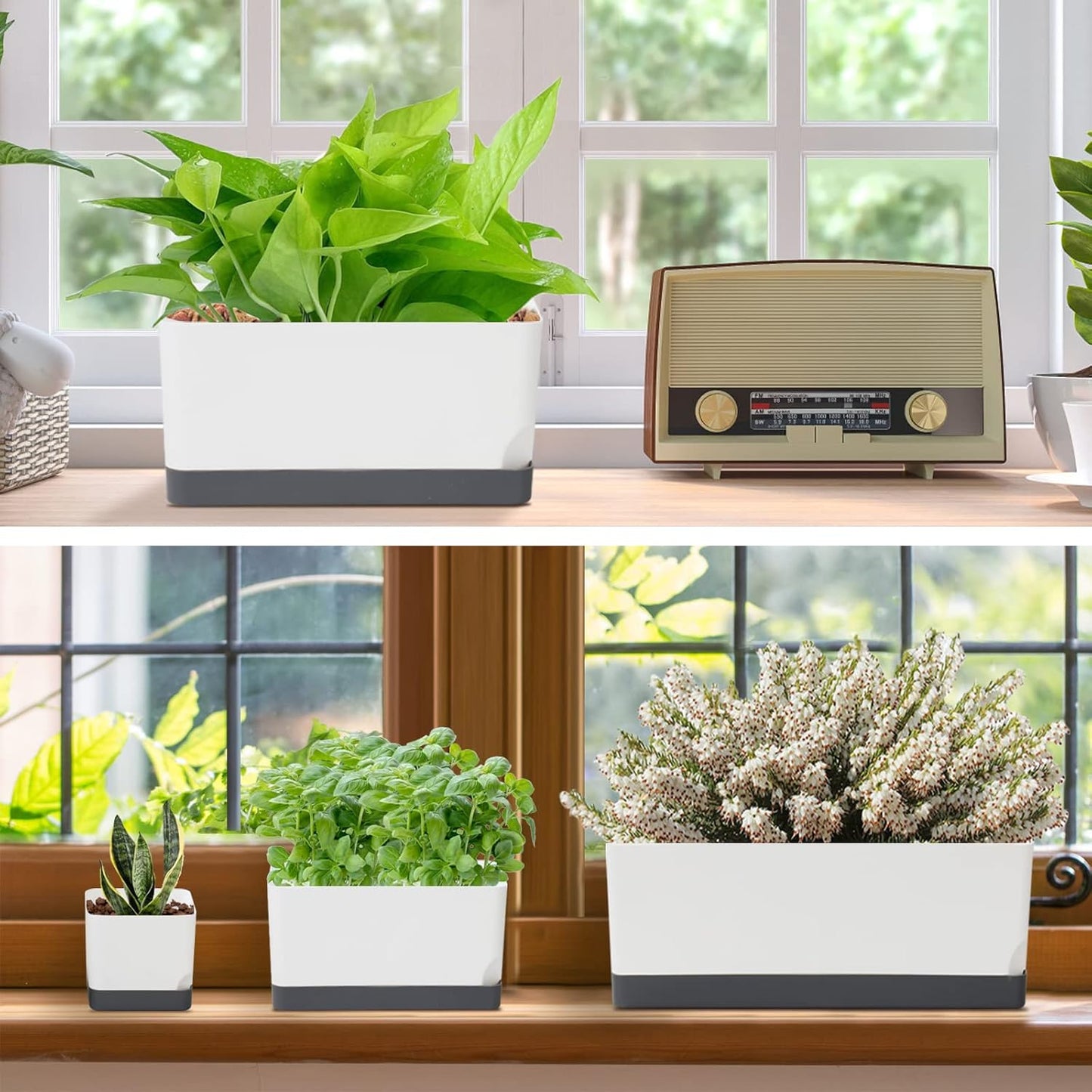 Self Watering Planters Pots for Indoor Plants, 7 Pack 4+8+17 Inch Plastic Window Boxes Planters Herb Planter, Rectangle Rectangular Planter Windowsill Planters with Drainage and Saucer