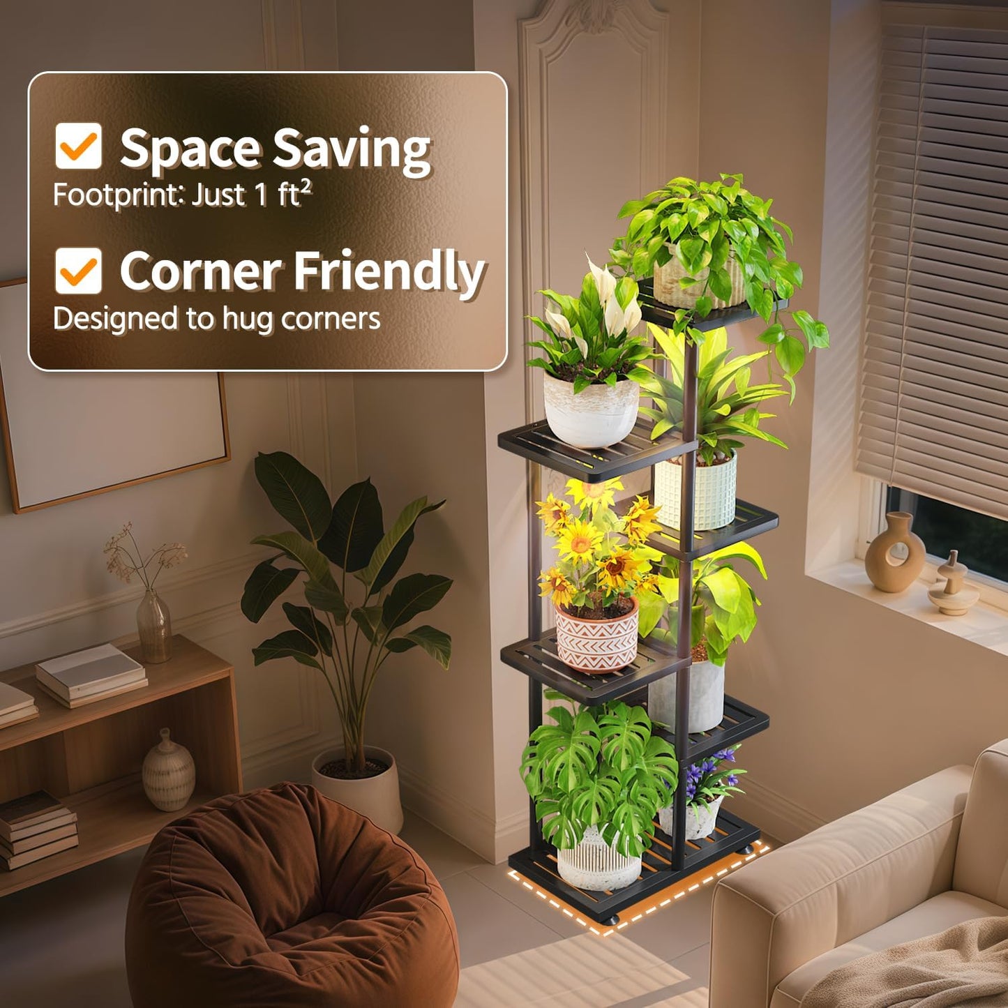 LASZOLA 5 Tier Plant Stand Indoors Outdoors with Light for Large Heavy Duty Planter, Black Metal Tall Flower Holder Rack for Modern House Corner, Vertical Iron Organizer with Multiple Rustic Shelf