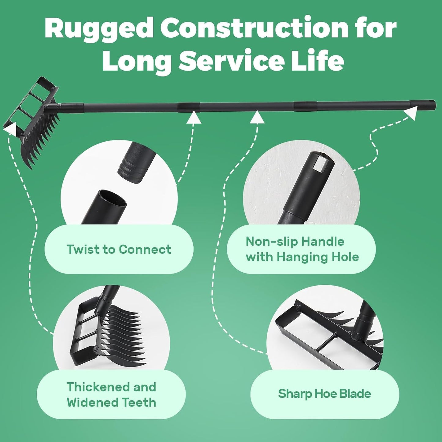 Stirrup Hoe Garden Tool Weed Puller with 76.8Inch Adjustable Stainless Steel Handle, Heavy Duty Hula Hoe and 12 Tines Rake 2 in 1 Gardening Tools Garden Cultivator for Weeding Soil Loosening, Black