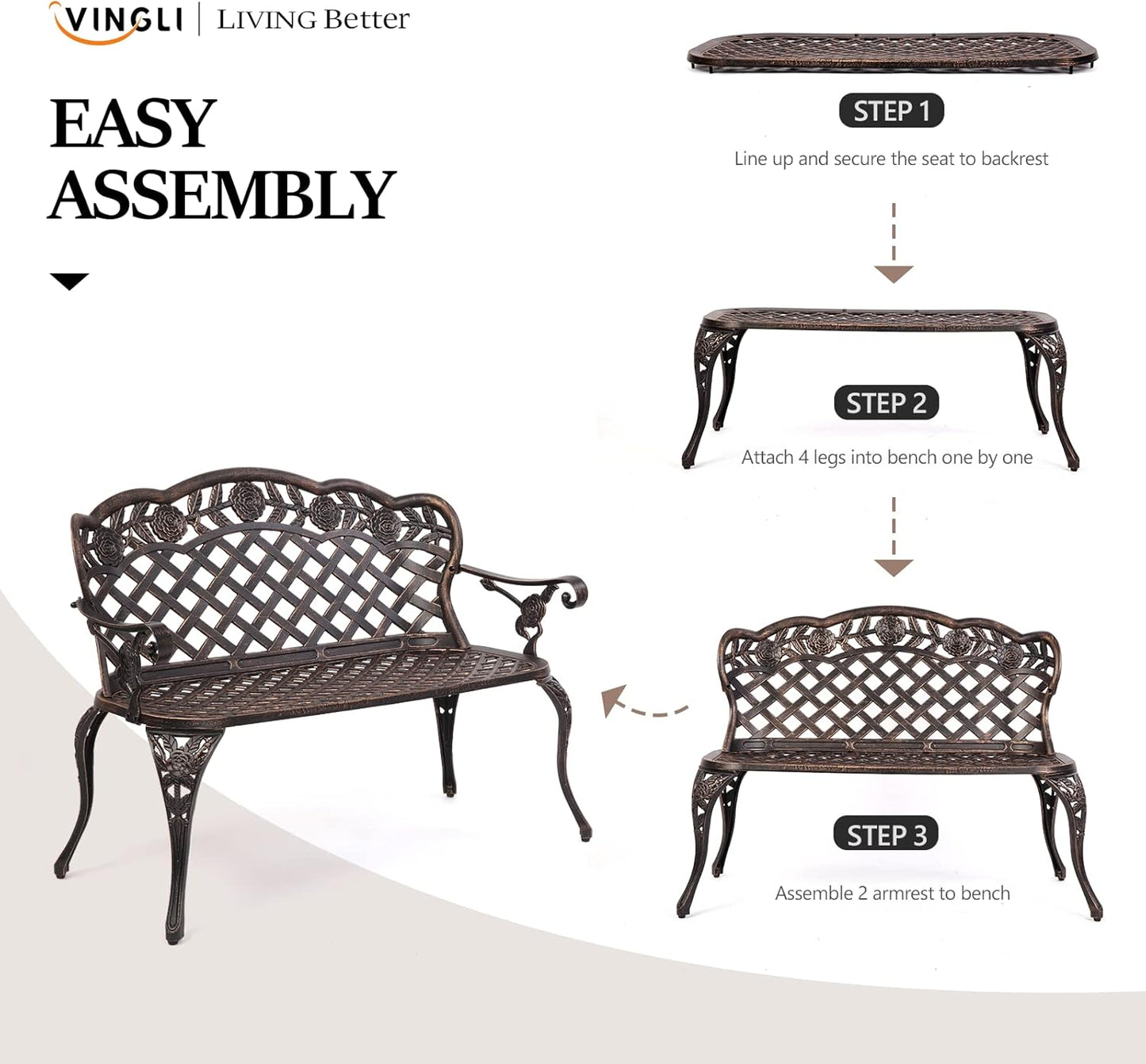 VINGLI 42.5" Patio Garden Bench Outdoor Metal Rose Loveseat, Cast Iron Cast Aluminium Frame Antique Finish Park Chair, Accommodates 2-3 People