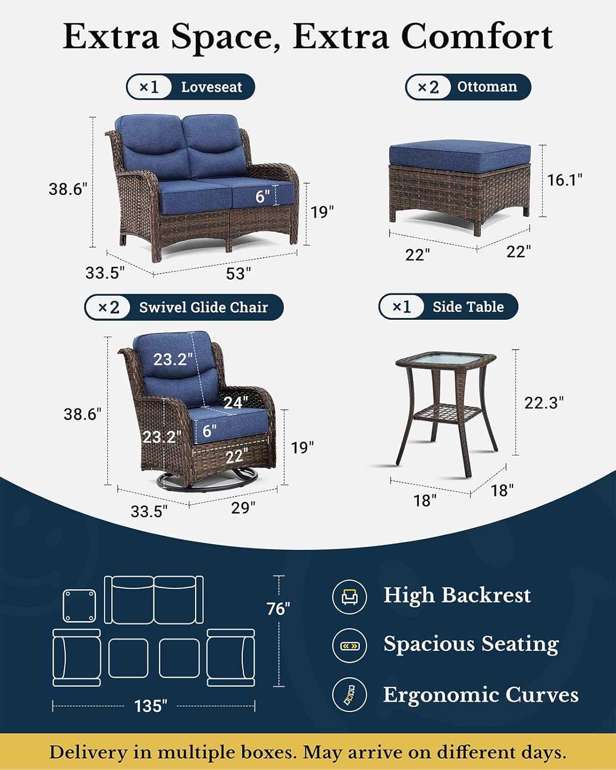 HILLGA Luxury Patio Furniture Set with 6-inch Thick Cushion, Outdoor Loveseat and High Back Swivel Rocker Patio Chairs, 6PCS Wicker Conversation Set for Deck Yard and Poolside, Blue (V2)