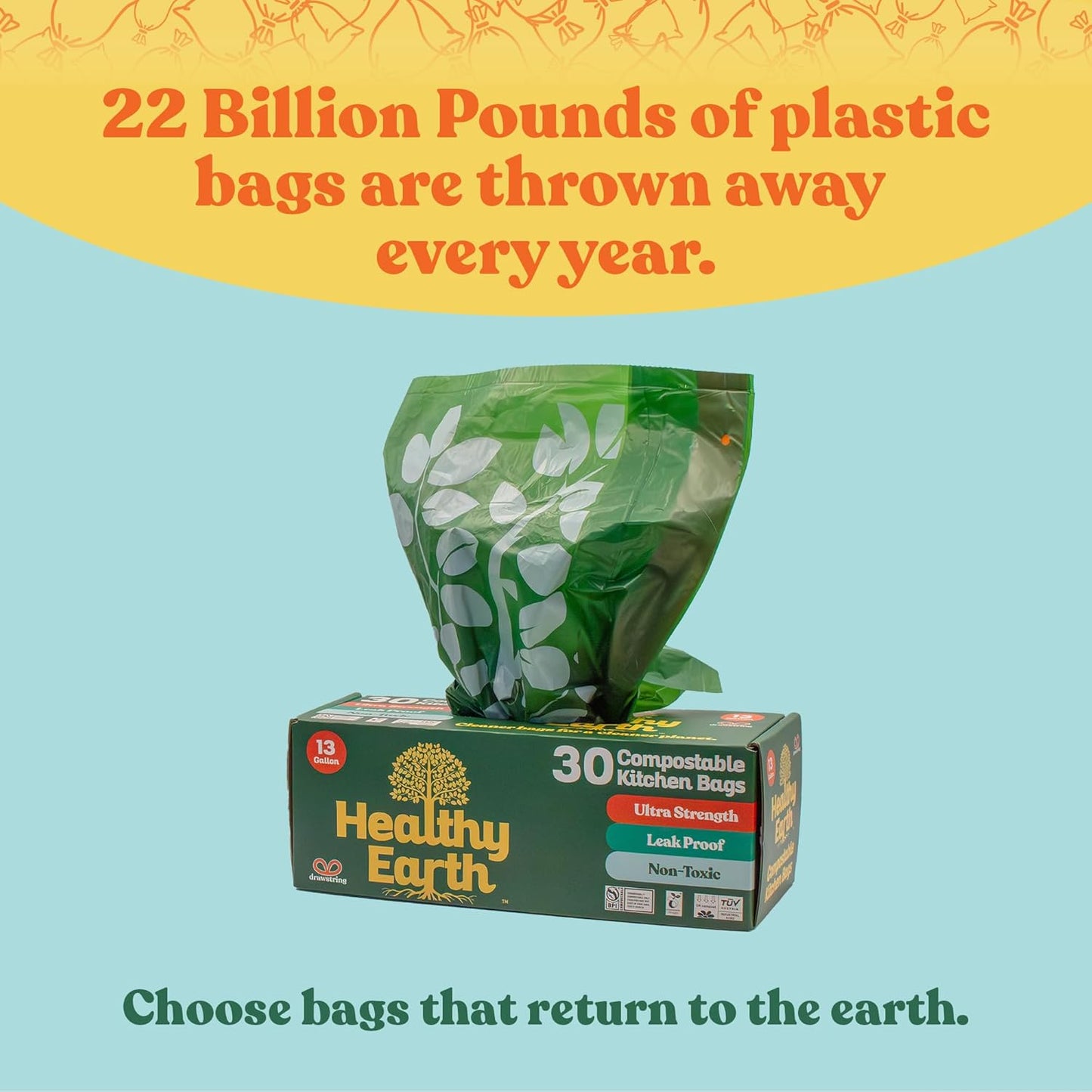 Healthy Earth 13 Gallon Compostable Trash Bags โ Tall Kitchen Garbage Bags with Drawstring Handles, Extra Thick Plant-Based Liners, BPI & TรV Certified ASTM D6400, Heavy Duty Leak-Proof (60 Count)