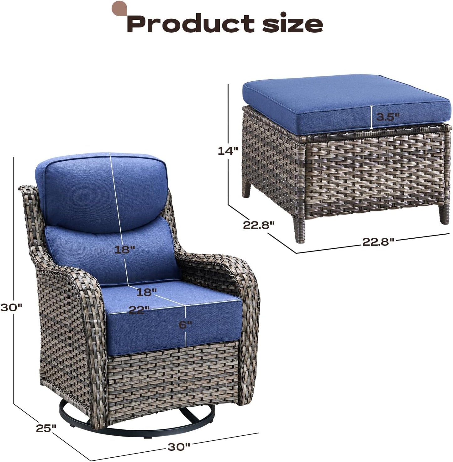 Wicker Outdoor Patio Furniture Set - 4 Piece Patio Conversation Set with Swivel Rocker Chairs and Ottomans, 6 inch Cushions, High Back, Deep Seating, for Porch Deck Garden Mixed Grey/Blue