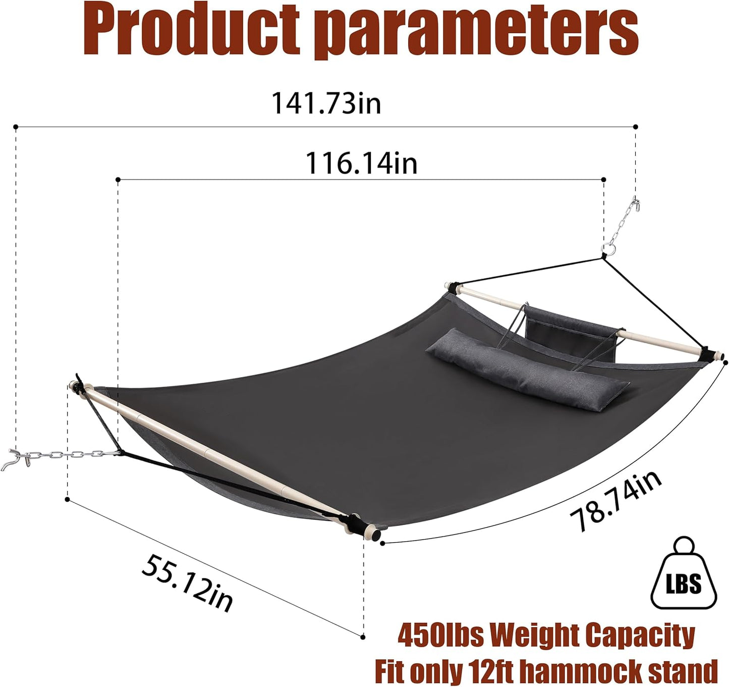 TegerDeger Anti-flip 12FT Hammock Large Hammock 450LB Capacity with Iron Spreader Bar & Nylon Rope for Outside, Patio, Garden, Backyard, Beach - Gray