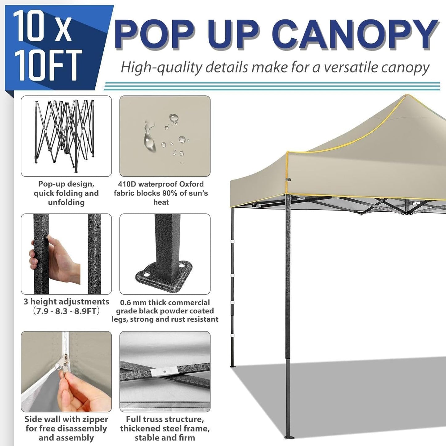 COBIZI 10x10 Heavy Duty Pop up Canopy with 4 Removable Sidewalls, Canopy Tent with Portable Bag, Ez Pop up Tent Commercial Gazebo Waterproof Sunshade for All Weather Party Camp Stall Patio,Khaki
