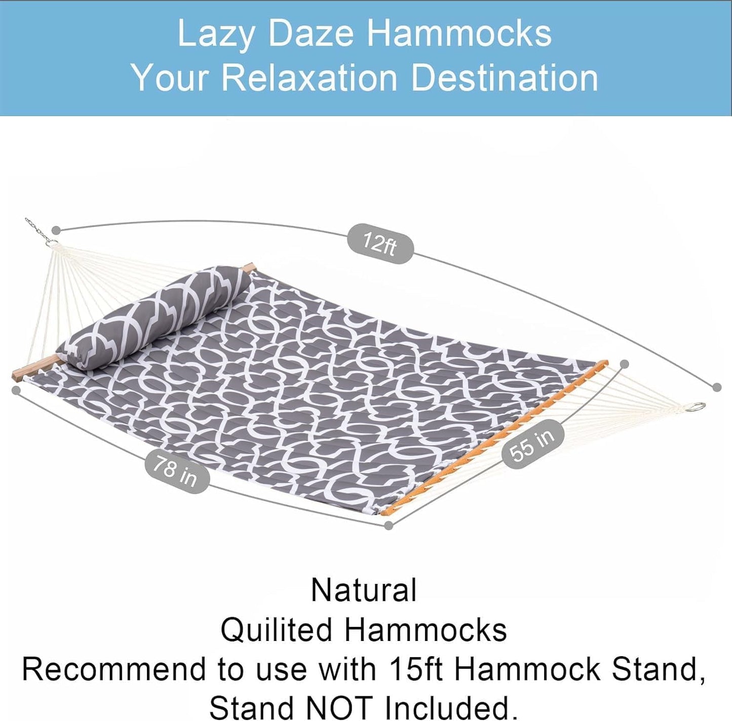 Lazy Daze Hammocks 12FT Quilted Fabric Hammock with Pillow, Double 2 Person Hammock with Spreader Bar for Outdoor Outside Patio Garden Yard HMQF-001GF
