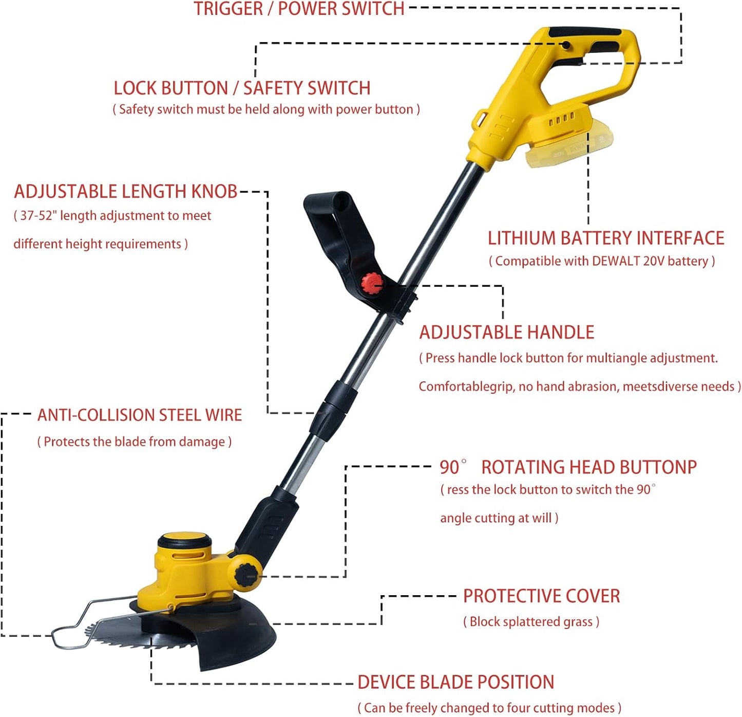 Electric Weed Wacker Cordless for Dewalt 20 V Battery, 4-in-1 Battery-Powered Mower, Lightweight Cordless Weeder for Lawn, Yard and Brush Mowing (Battery Free, Yellow)