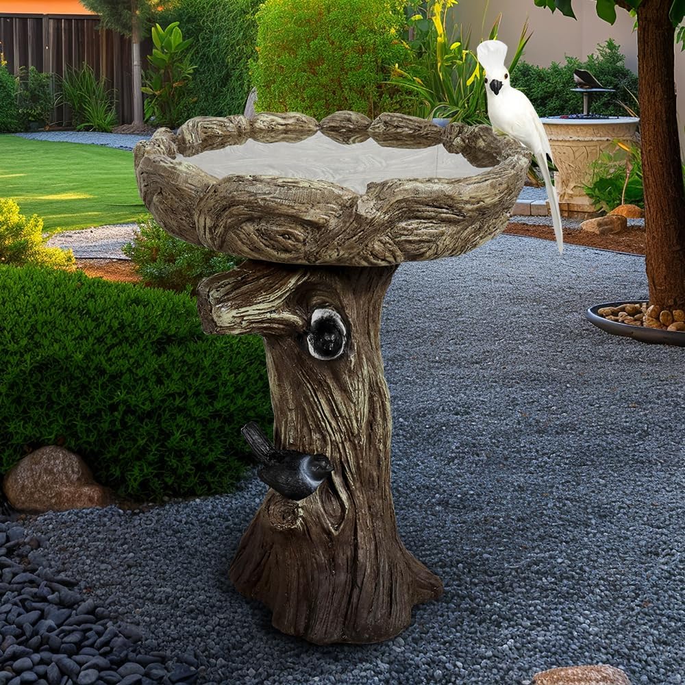 23" H Birdbath for Garden with a Fake Bird Decor - 23" H * 17.7" Φ Freestanding Trunk Like Bird Bath for Outside Patio or Yard Decor
