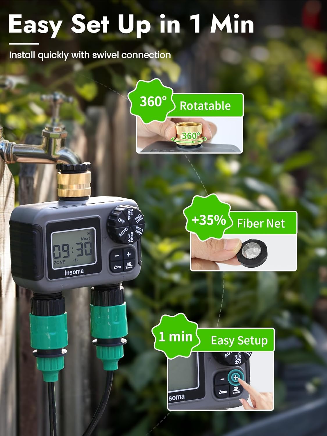 Insoma 2-Zone Hose Timer - Brass Inlet Dual Outlet Sprinkler Timer with Rain Delay/Manual/Auto Modes, 2-Outlet Water Timers for Garden/Greenhouse/Flower Irrigation, Durable Faucet Timers for Lawn Care