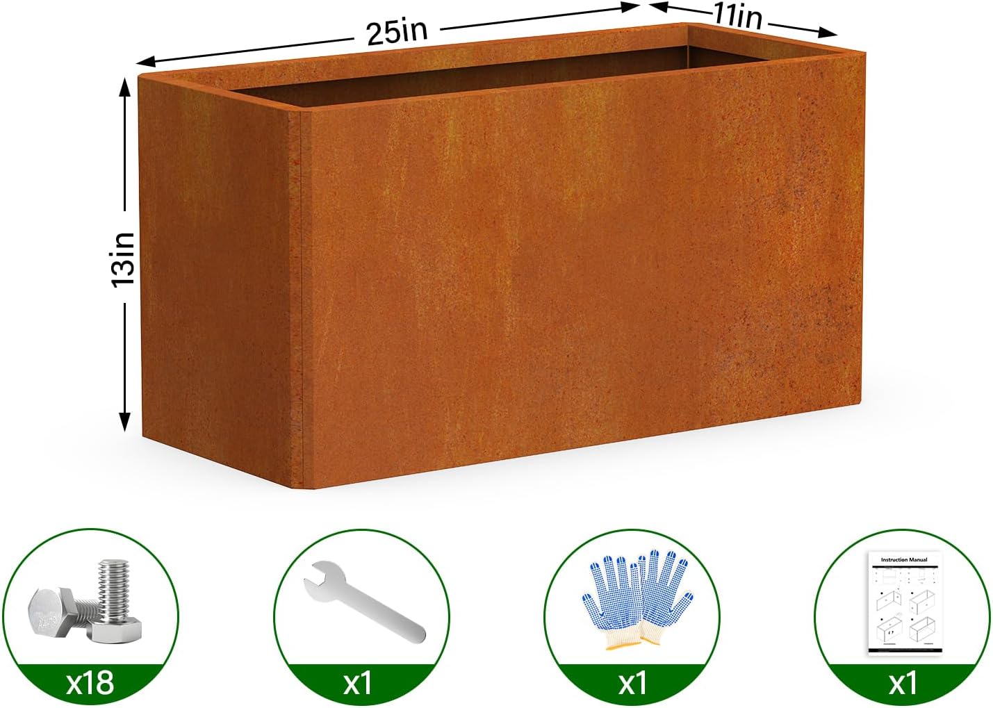 Metal Planter Box - 25x11x13H Inch, Co rten Steel Planter for Patio, Garden, Porch - Brown