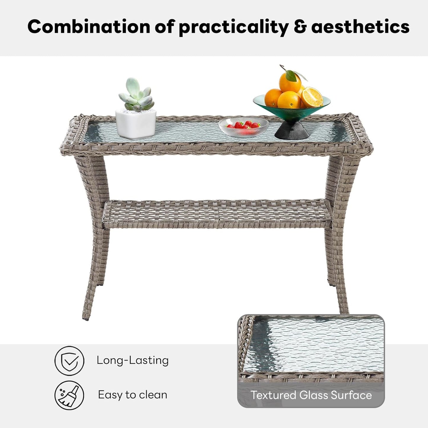 38 Inch Outdoor Coffee Table with 2 Tier Storage - Wicker Coffee Table with Water Ripple Texture Tempered Glass Top, All Weather Patio Coffee Table for Deck Porch Balcony Garden Gray