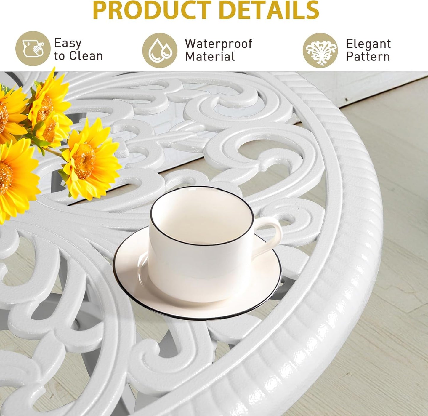 Outvita Patio Side Table, 23.6in Outdoor Round Cast Aluminum Bistro Table with Umbrella Hole and Antique Design for Backyard Porch Pool Balcony Deck White