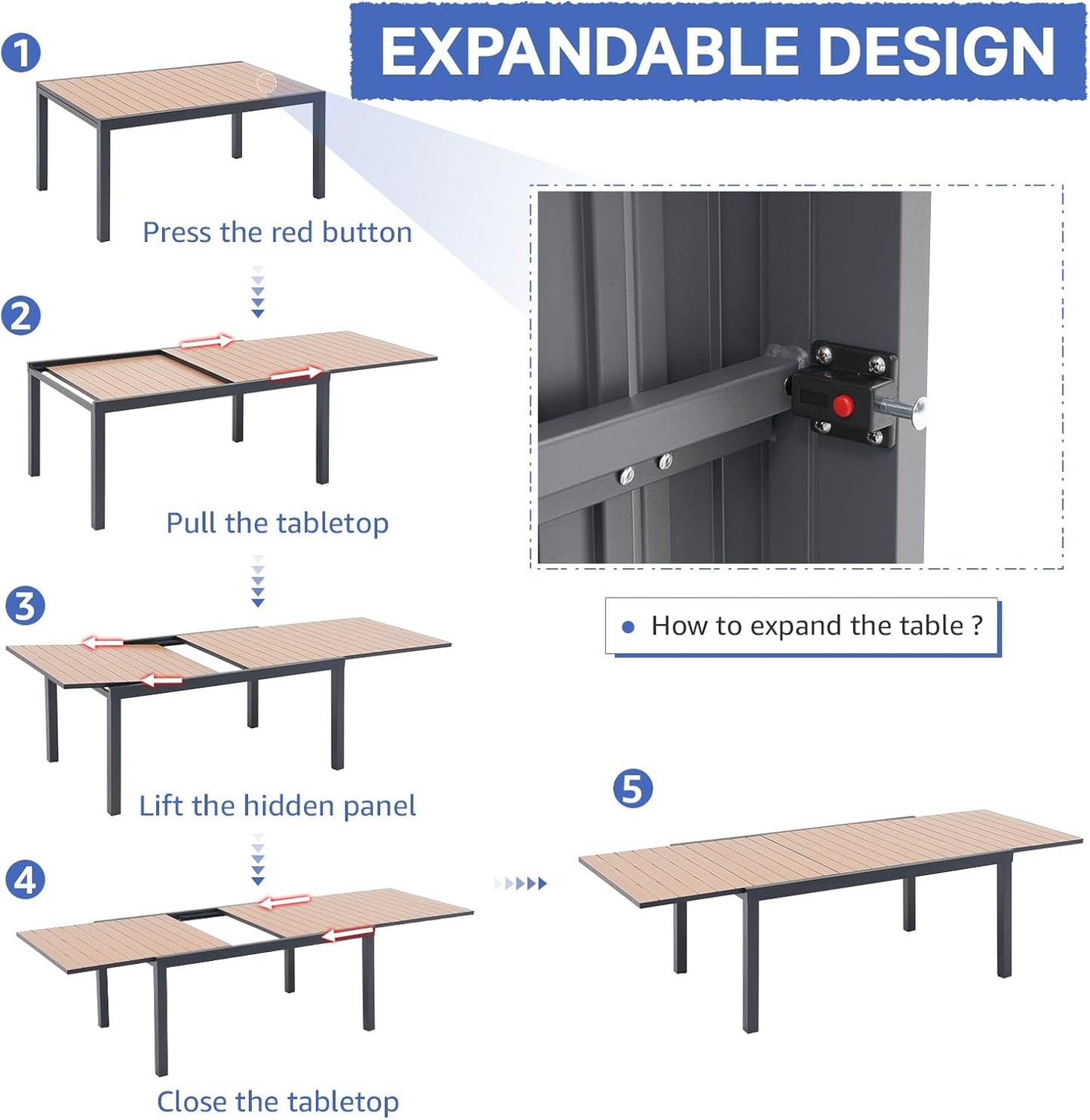 Soleil Jardin Aluminum Patio Extendable Dining Table, 63" - 105", Adjustable Indoor Outdoor Furniture Rectangle Table w/Thermal Transfer Wood Grain Tabletop for 6-10 Person Porch Deck Garden, Black