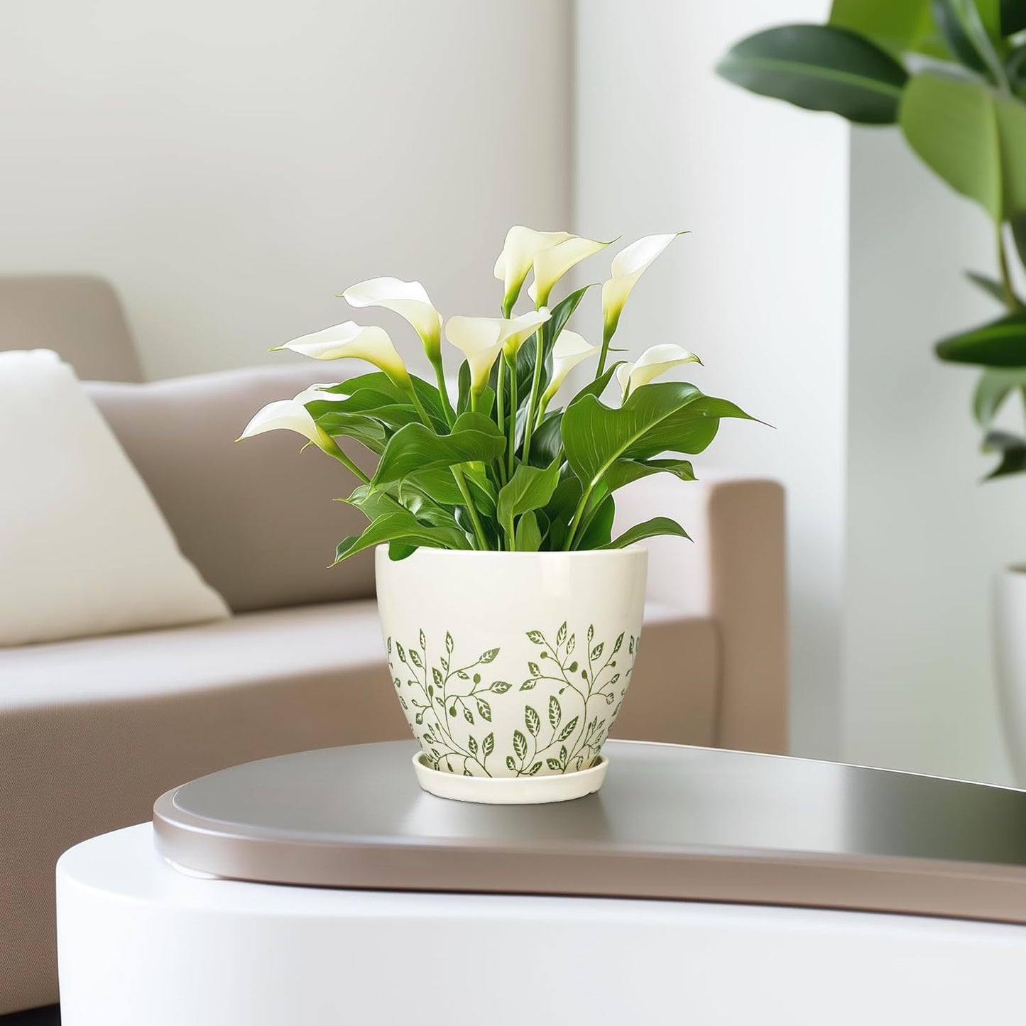 6.8 Inch Plant Pot - Ceramic Pot for Indoor Outdoor Plants, Boho Decorative Round Ceramic Planter with Drainage Hole and Saucer, Housewarming Gifts, Office Garden Home Decor, White