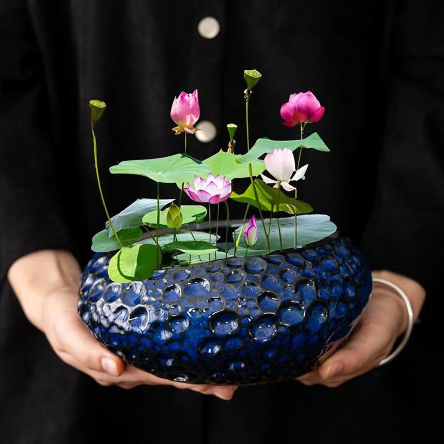 Lotus Bowl Planter, Lotus Bowls for Planting in Water Indoors, Ceramic Planters for Indoor Plants, Thickened Round Planter, for Succulent Plants Leak-Proof Design (Blue Planet)