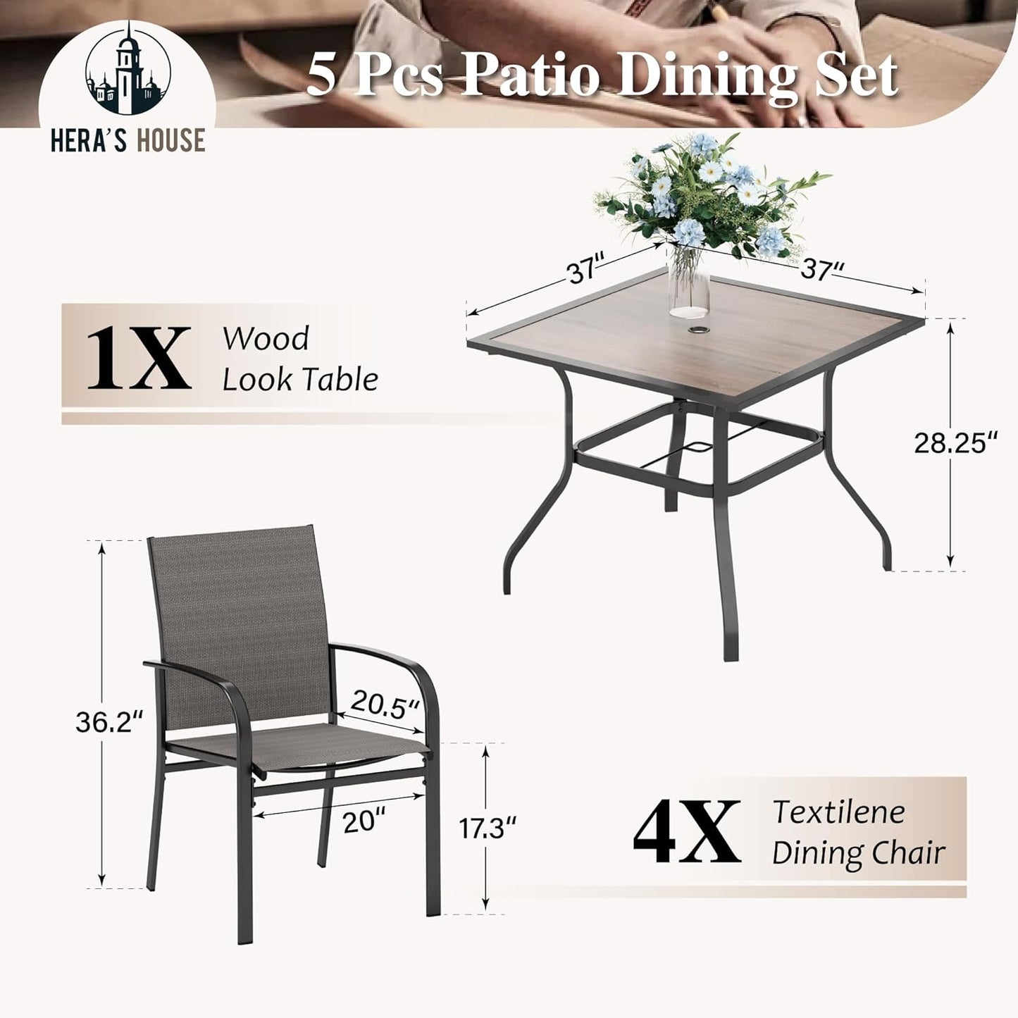 HERA'S HOUSE 5 Piece Patio Dining Set, 4 x Brown Textilene Dining Chair and 37" Square Wood-Like Dining Table with Umbrella Hole, Outdoor Table and Chairs Set for Lawn Garden Backyard Deck