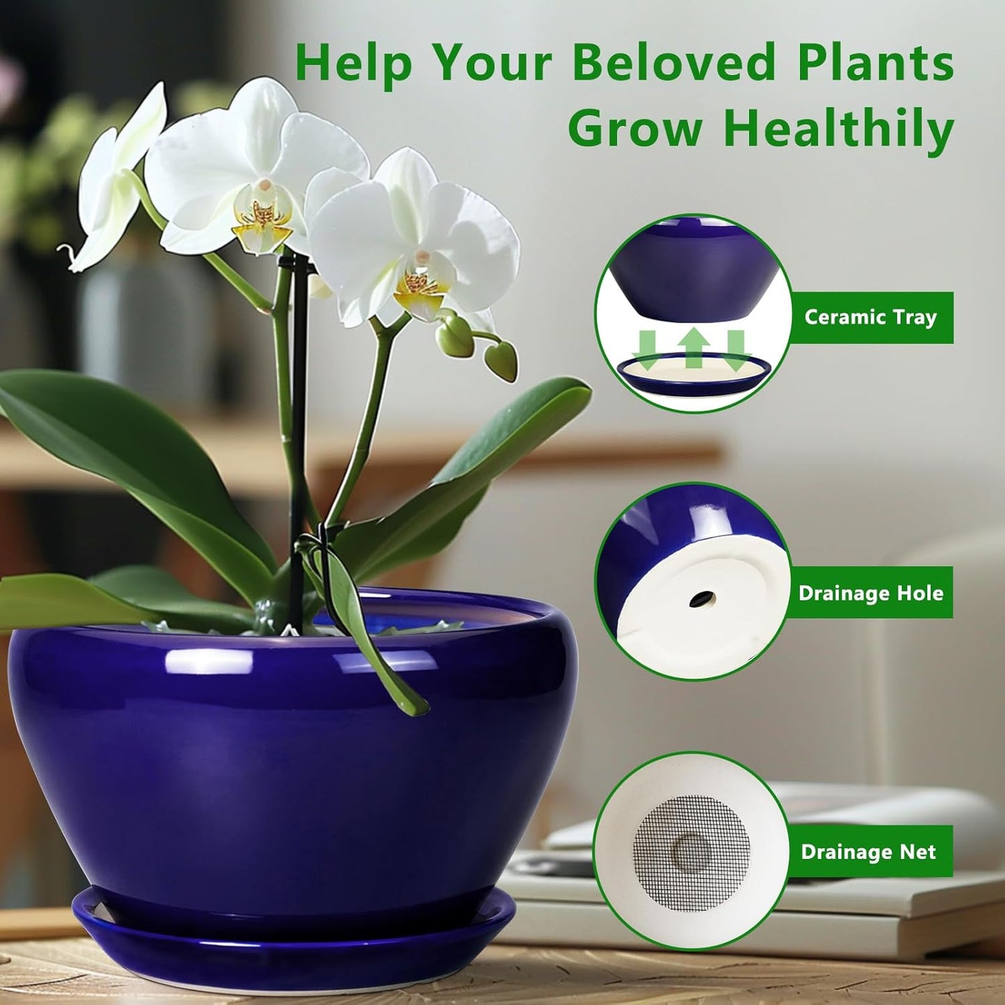 Ceramic Pot for Plants - 11 Inch Modern Round Indoor Planter with Drainage Hole and Planter Saucer for Flowers, Patio Office Home Room Decor, Gardening Gifts for Women & Men, Blue