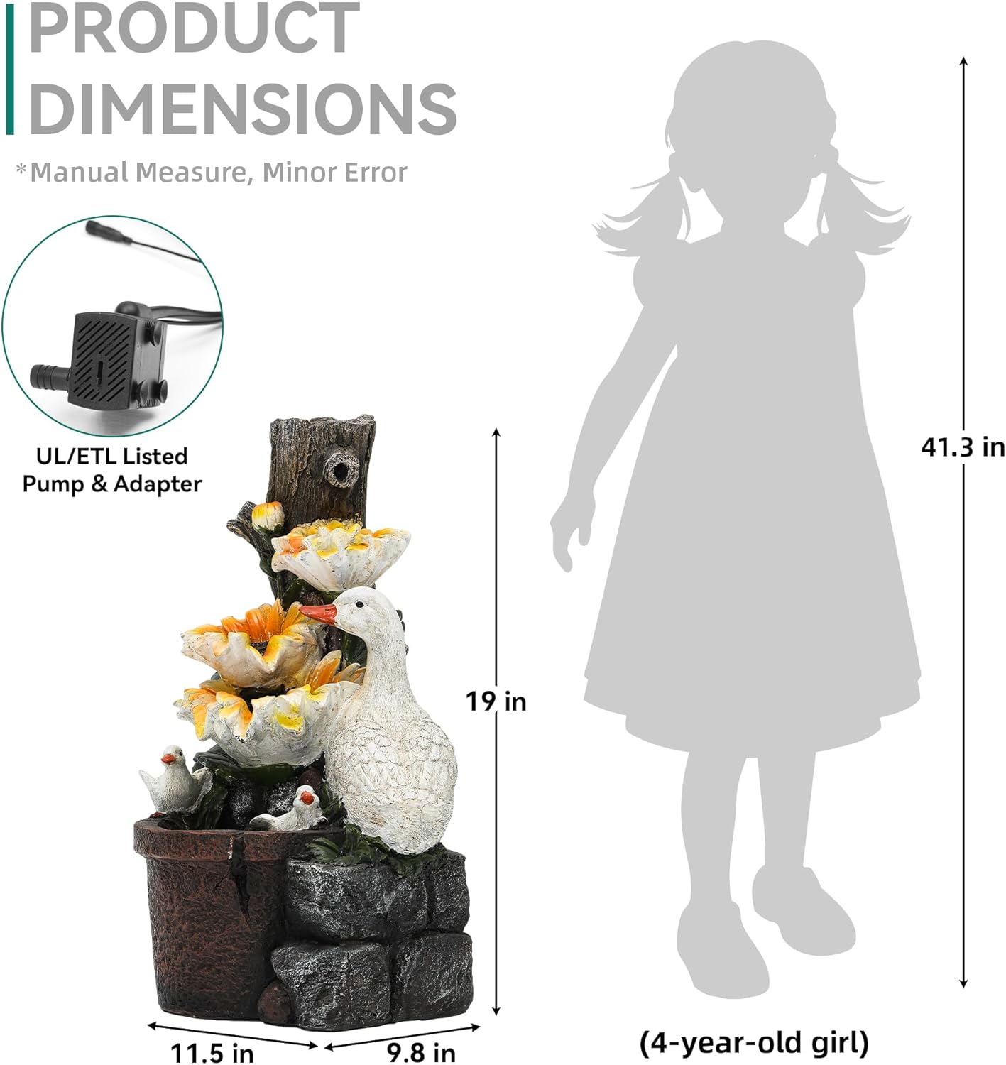 19.1" H Farmhouse Duck Garden Water Fountain with Sunflower, Indoor/Outdoor Freestanding, Soothing Cascading Waterfall with LED Lights, Decorative Water Feature for Patio, Yard, and Garden