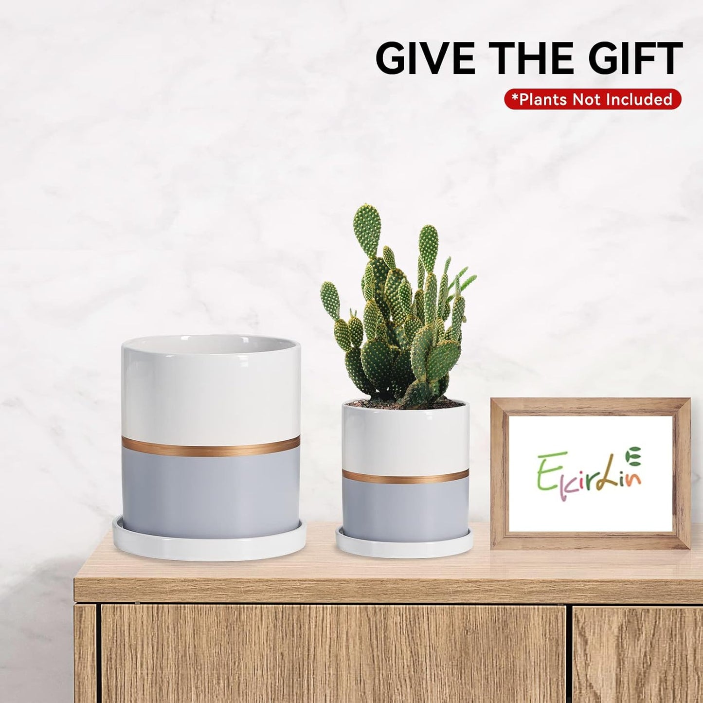 Ekirlin 6 inch Plant Pot - Ceramic Flower Planters Indoor - Modern Succulents Containers with Drain Hole Saucer, Decorate Home, Office & Outdoor (Grey)