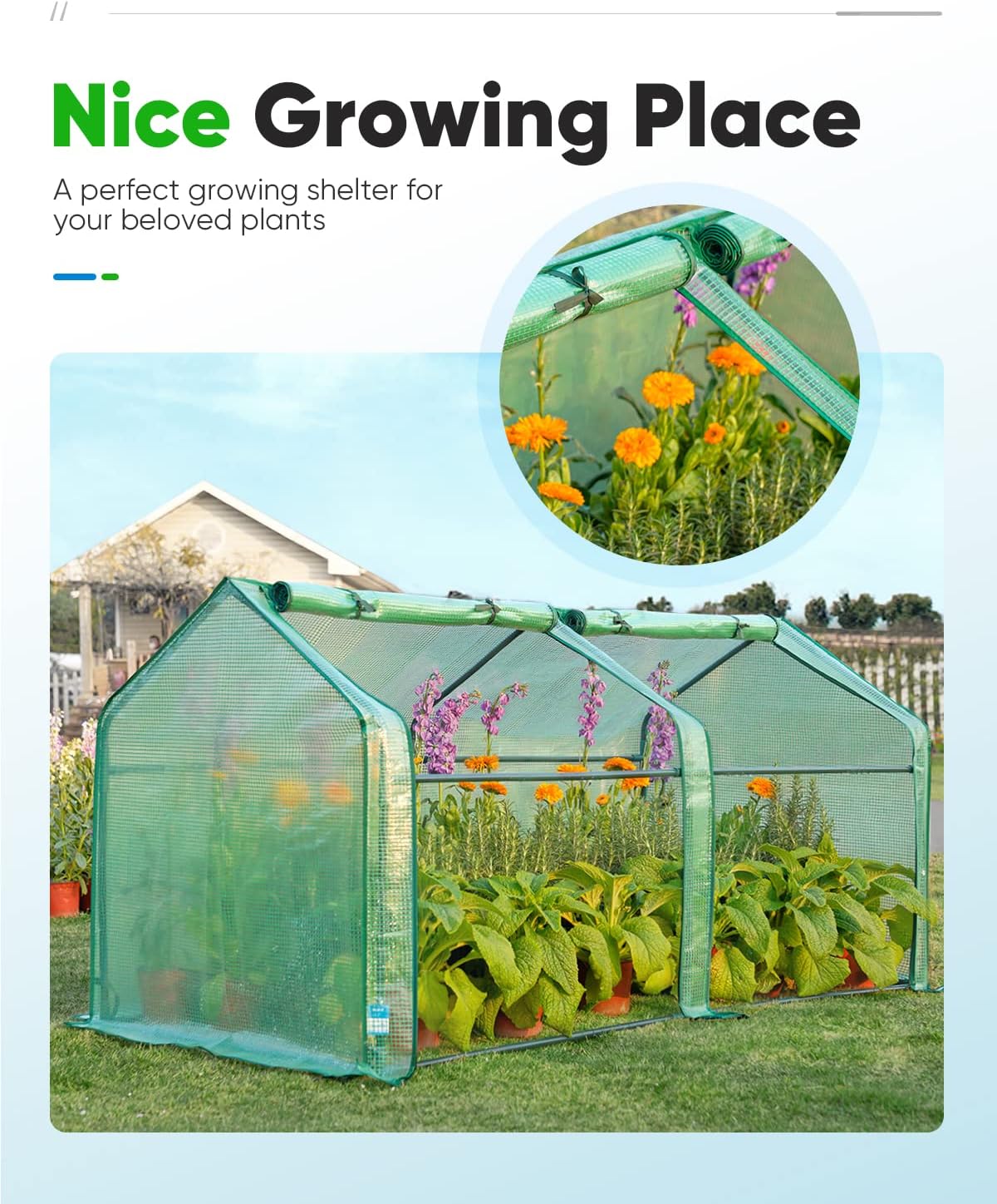 Quictent Portable Mini Cloche Greenhouse w/ Elevated Bottom, Roll-up Zippered Window Waterproof UV-Resistant Hot House for Indoor Outdoor Gaden, Plus 50 T-Shaped Plant Tag, 71" x 36" x 36" (Green)