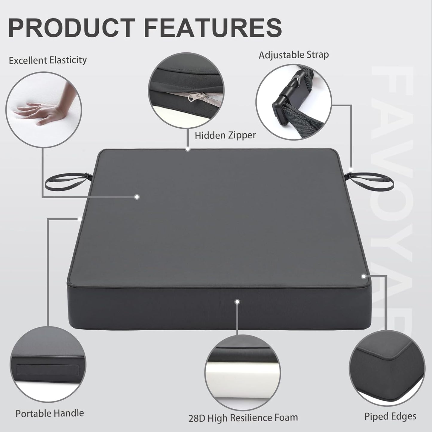 Favoyard Patio Chair Cushions 19 x 19 x 3 Inch Waterproof Outdoor Seat Cushions for Patio Furniture 3-Year Color Fastness Garden Sofa Couch Pads with Handle & Adjustable Straps Set of 2, Dark Grey