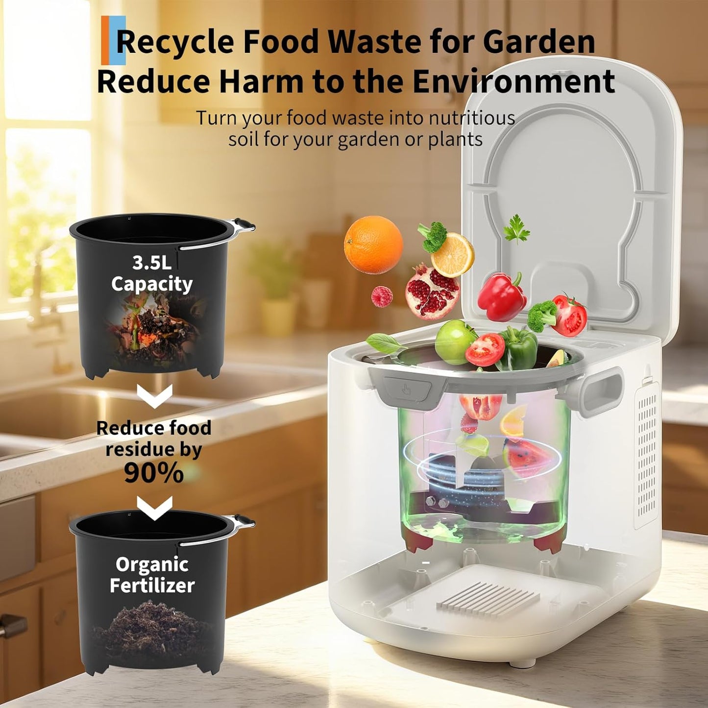 3.5L Electric Composter Countertop, 3 Modes Kitchen Smart Compost Bin with Auto Cleaning, LED Display, Turns Kitchen Waste Into Dry Manure, Low Noise Food Waste Compost Machine