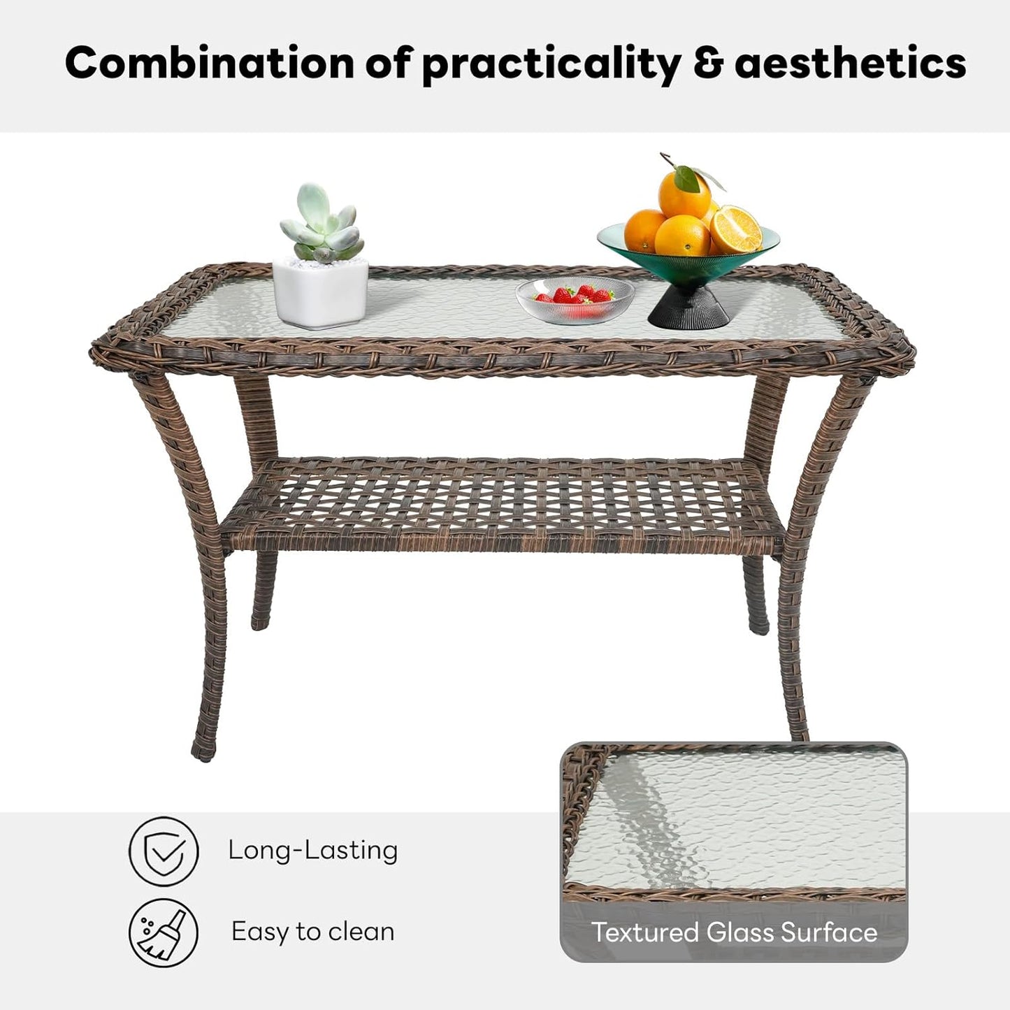 38 Inch Outdoor Coffee Table with 2 Tier Storage - Wicker Coffee Table with Water Ripple Texture Tempered Glass Top, All Weather Patio Coffee Table for Deck Porch Balcony Garden Brown