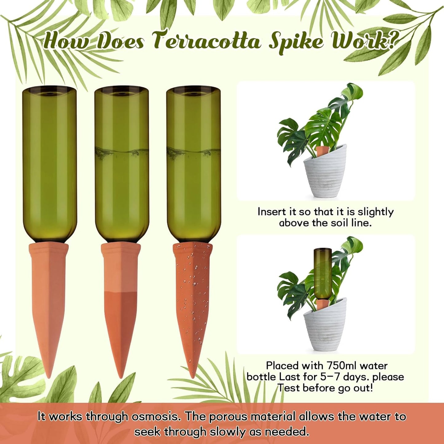 12 Sets Plant Watering Devices Include Terracotta Self Watering Spikes and 26 oz Plastic Bottles, Slow Release Vacation Insert Automatic Plant Waterer Device (Green and Terracotta)