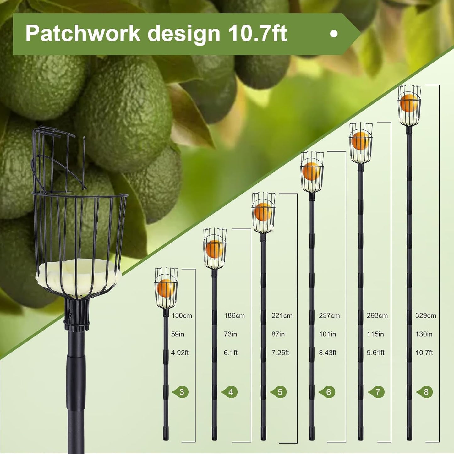 Fruit Picker Pole with Basket - 10.7FT(130Inch) Adjustable Fruit Picker with Basket, Orange Picker, Fruit Picking Pole for Orange Apple Avocados Lemon, Black