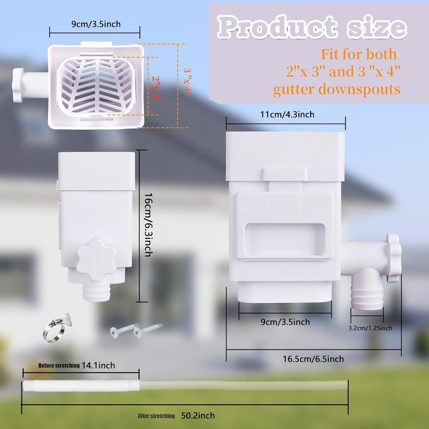 Rain Barrel Diverter Kit, Downspout Diverter Fits for 2"x 3" or 3"x 4" Standard Downspout, Rainwater Collection System with Adjustable Valve and Filter,5ft Hose(Black)
