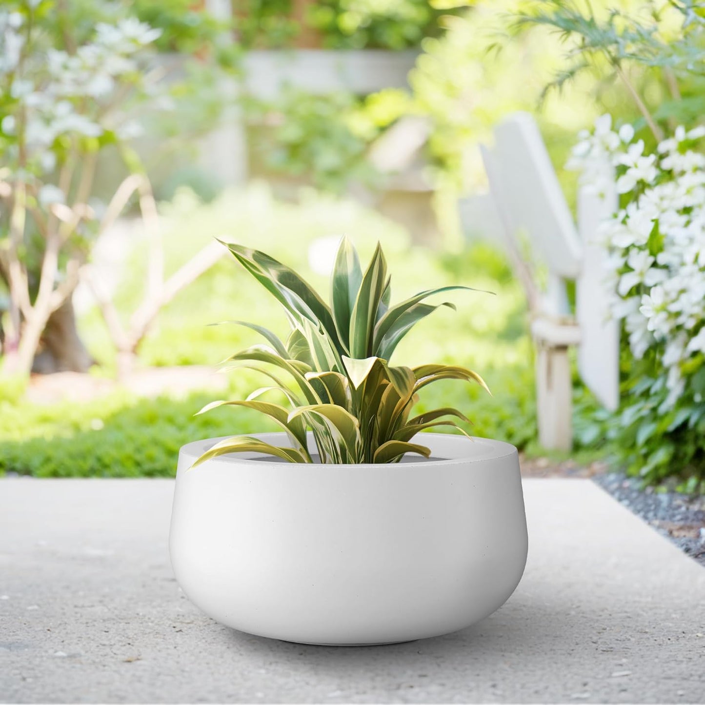 Kante 11.8" Dia Round Concrete Planter, Cement Plant Pots with Drainage Hole and Rubber Plug for Outdoor Indoor Garden Home, Modern Curvaceous Design, Pure White
