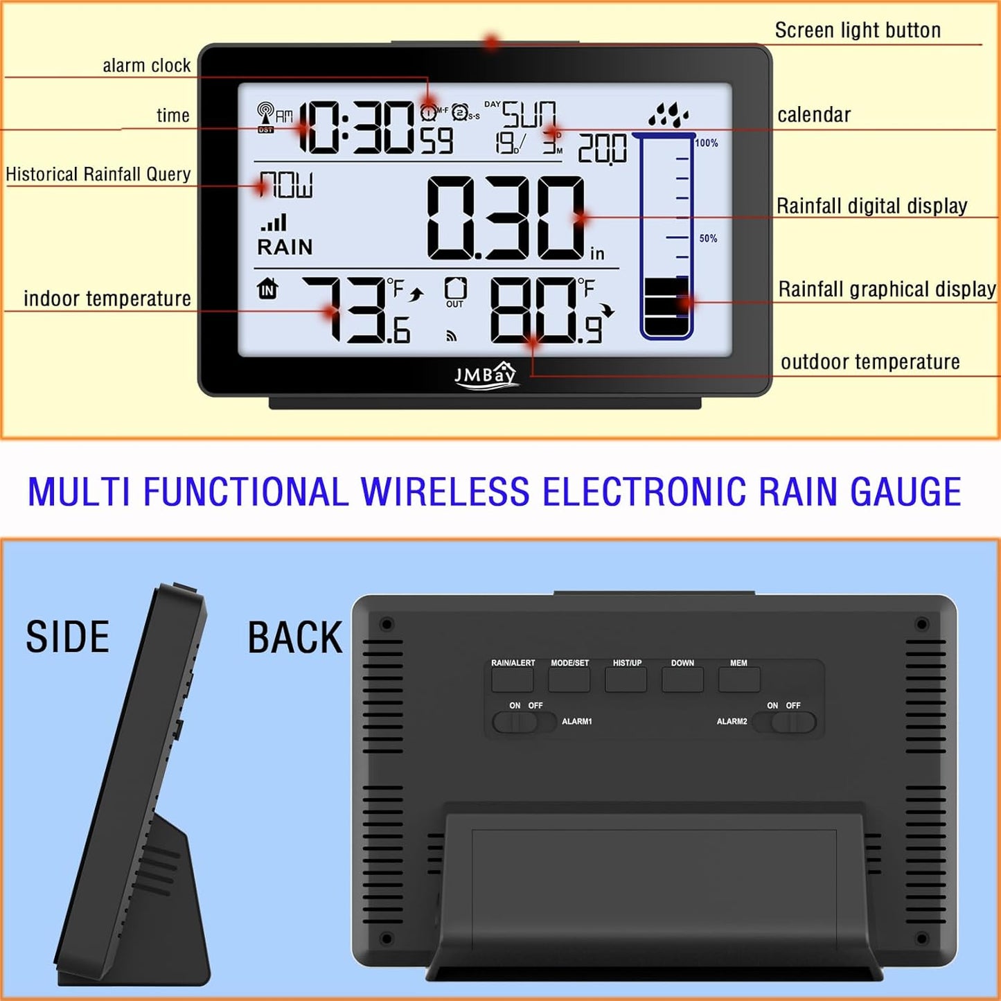 Digital Rain Gauge Outdoor with Thermometer, Self-Emptying Wireless Rain Gauges Outdoors Best Rated, High Precision Electronic Remote Rain Collector, Freeze Proof Automatic Rain Measure Gauge for Yard