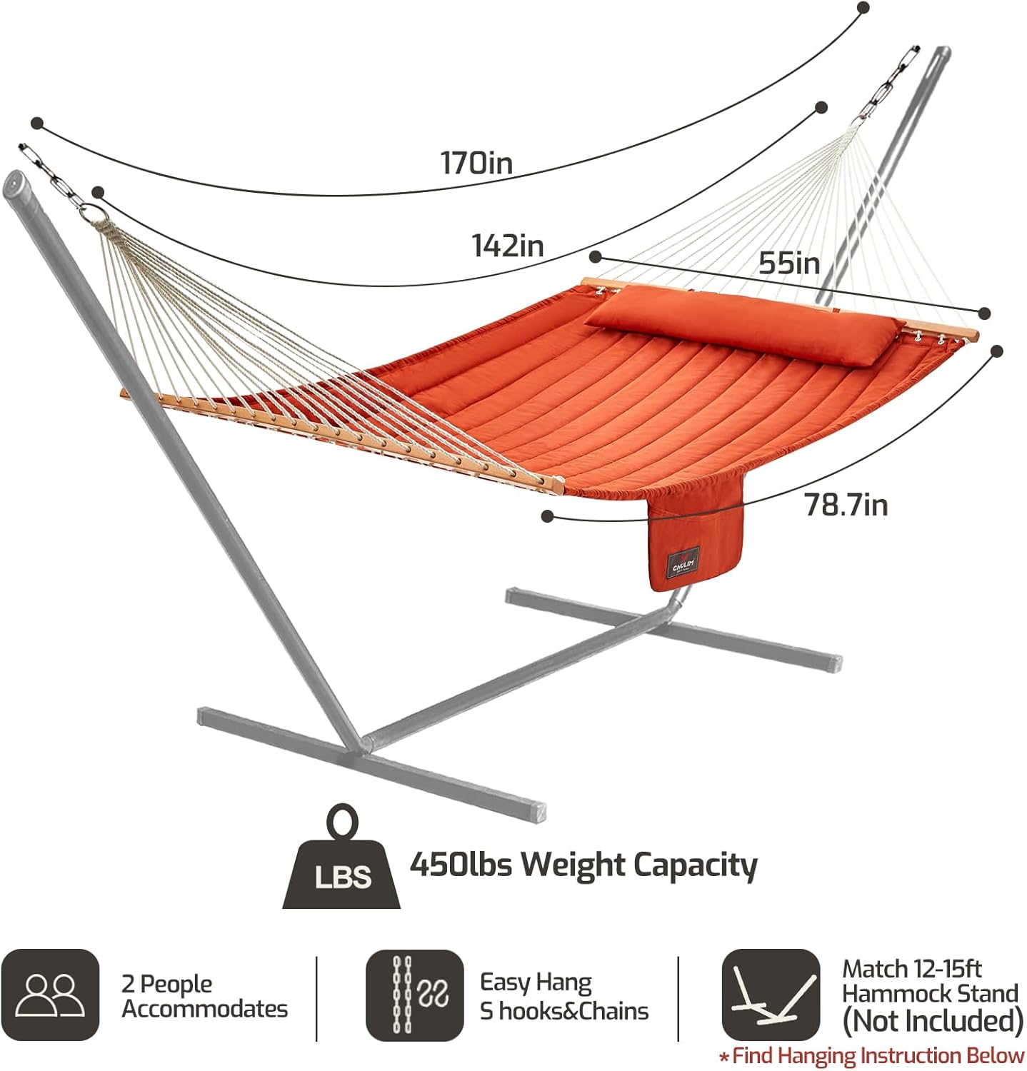 Double Quilted Fabric Hammock with Hardwood Spreader Bars and Pillow 450 LBS Capacity 2 Person Large Hammock for Outdoor Patio Backyard Poolside - Terracotta