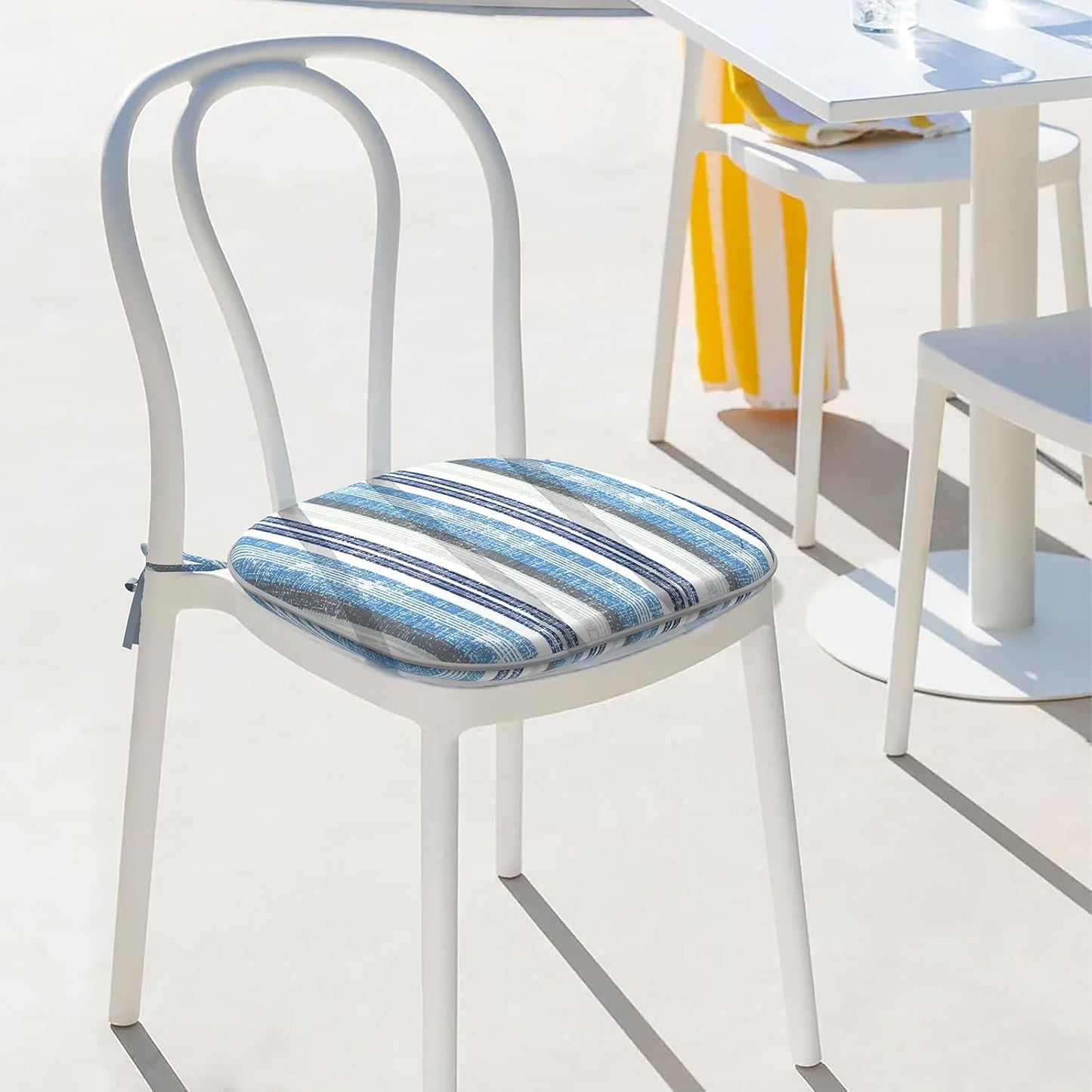 Indoor/Outdoor Chair Cushions 16x17 Inch, Patio Chair Cushions with Ties, All Weather Seat Cushions for Patio Furniture Home Garden Chair Use, Set of 4, Stripe Layered Blue