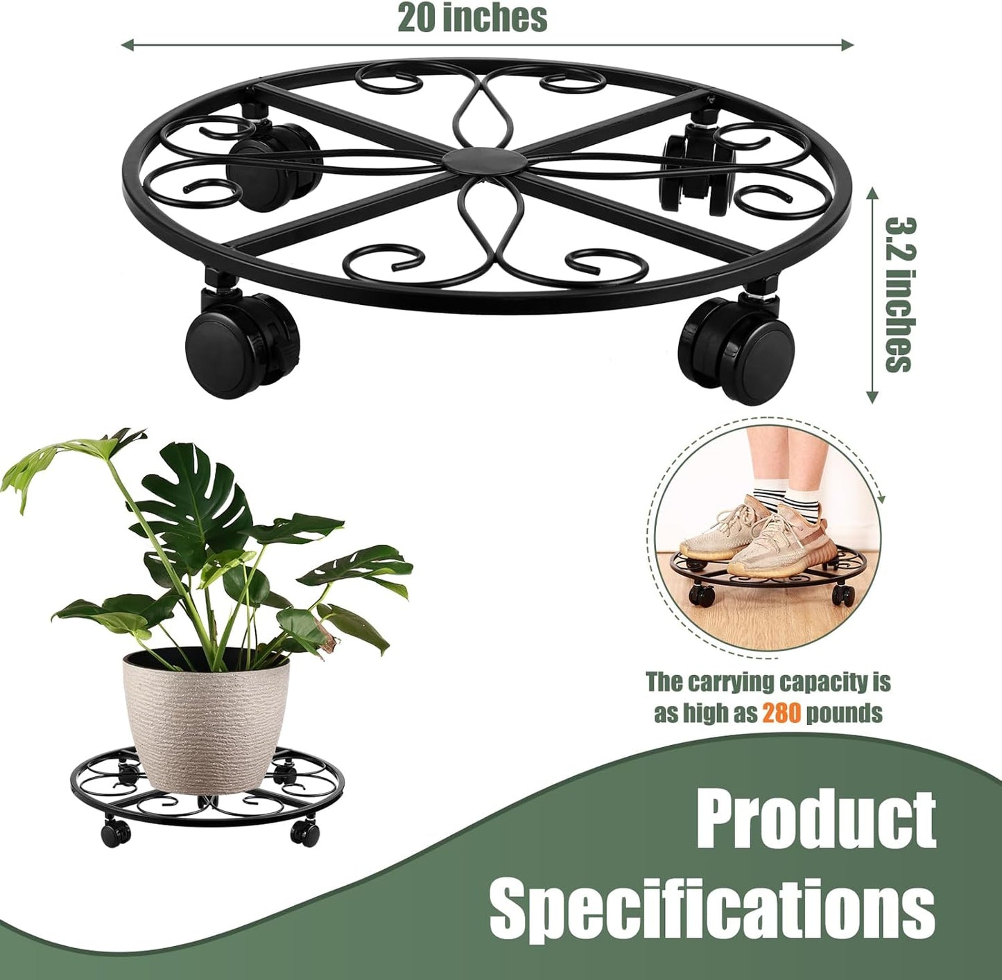3 Packs 20” Plant Caddy with Wheels Metal Plant Stand on Wheels for Indoor and Outdoor Plants Rolling Plant Stand with Casters Heavy Duty Plant Dolly Roller Caddy, Black