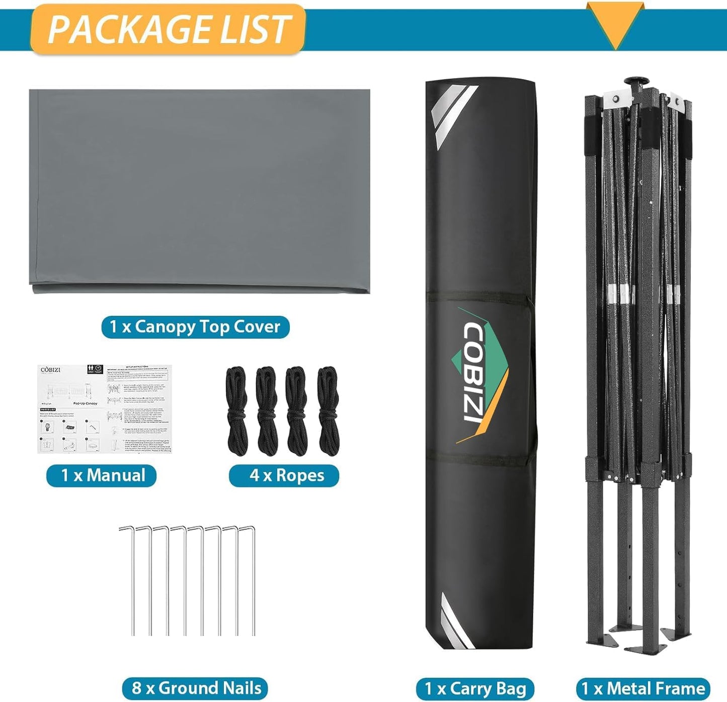 COBIZI 6.6x6.6 Pop Up Canopy Without Sidewall,Heavy Duty Canopy UPF 50+ All Season Wind Waterproof Commercial Outdoor Party Tents for Parties Canopy Gazebo with Storage Bag(6.6 x 6.6 ft Gray)