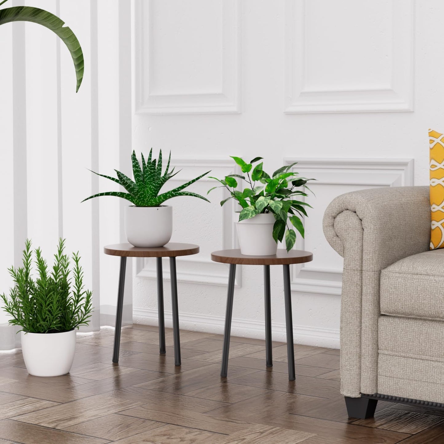 Plant Stand Indoor 14'': Indoor Plant Stand 2 Pack Metal Plant Table - Wood Plant Stool Outdoor Small Round Side End Table Mid Century Modern Decor - Home Decor