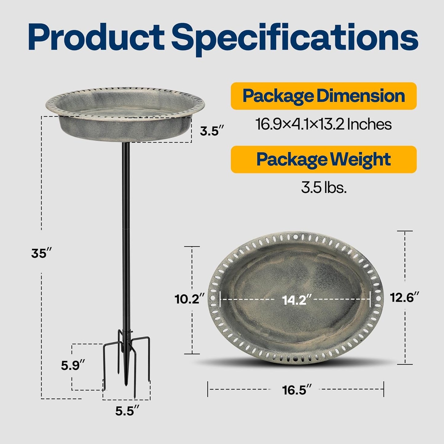 VIVOHOME Oval Polyresin Bird Bath Bowl with Metal Stake, 29 Inch Height Outdoor Freestanding Birdfeeder, Capacity 1.3 Gallons, 5-Pronged Base, Gray