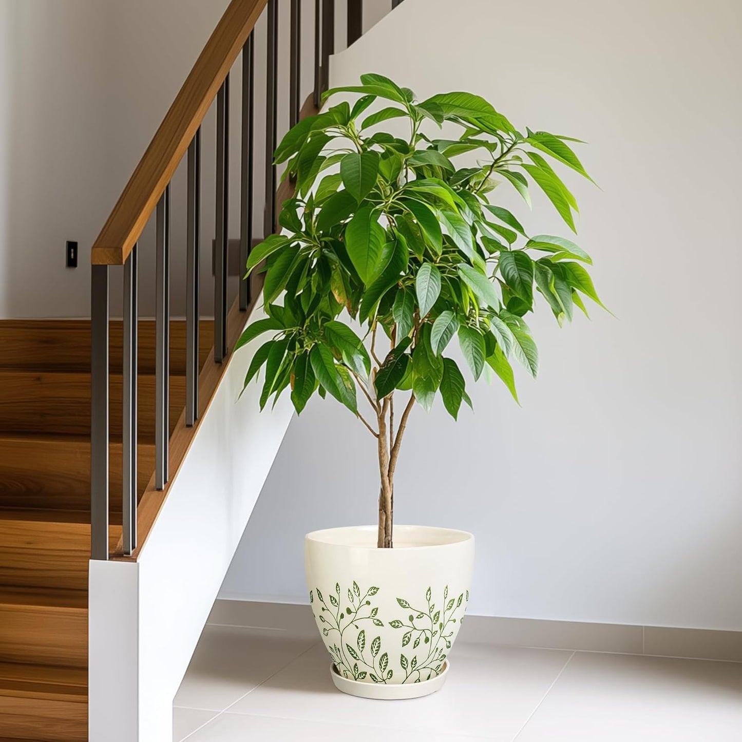 10 Inch Ceramic Planter - Ceramic Plant Pot for Indoor Outdoor Plants, Boho Round Indoor Flower Pot with Drainage Hole and Saucer, Gifts for Plant Lovers, Home Garden Apartment Decor, White