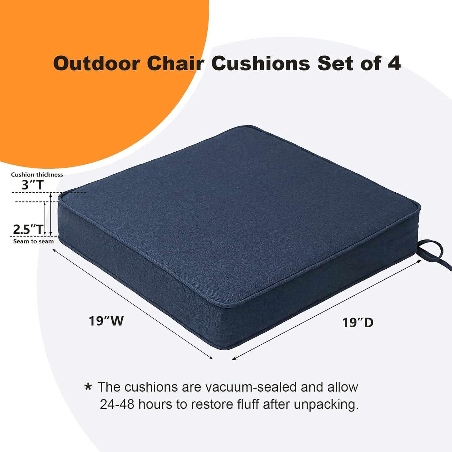 Sunbrella Square Corner Seat Cushions, 18.5" x 16" x 3", Set of 4, Indoor Outdoor Water Repellent Universal Chair Pads with Ties for Patio Furniture, Garden Dining Chairs, Specrtum Indigo