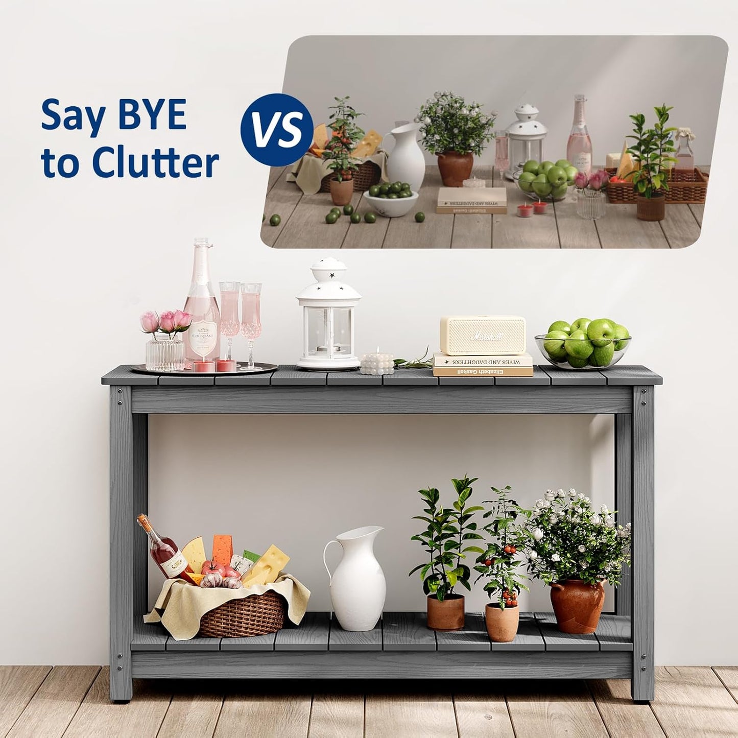 Outdoor Console Table, 48" Weather Resistant HIPS Patio Side Table, 440LBS Weight Capacity, 2-Tier Multifunctional Buffet Bar Storage Organizer for Garden Deck, Gray