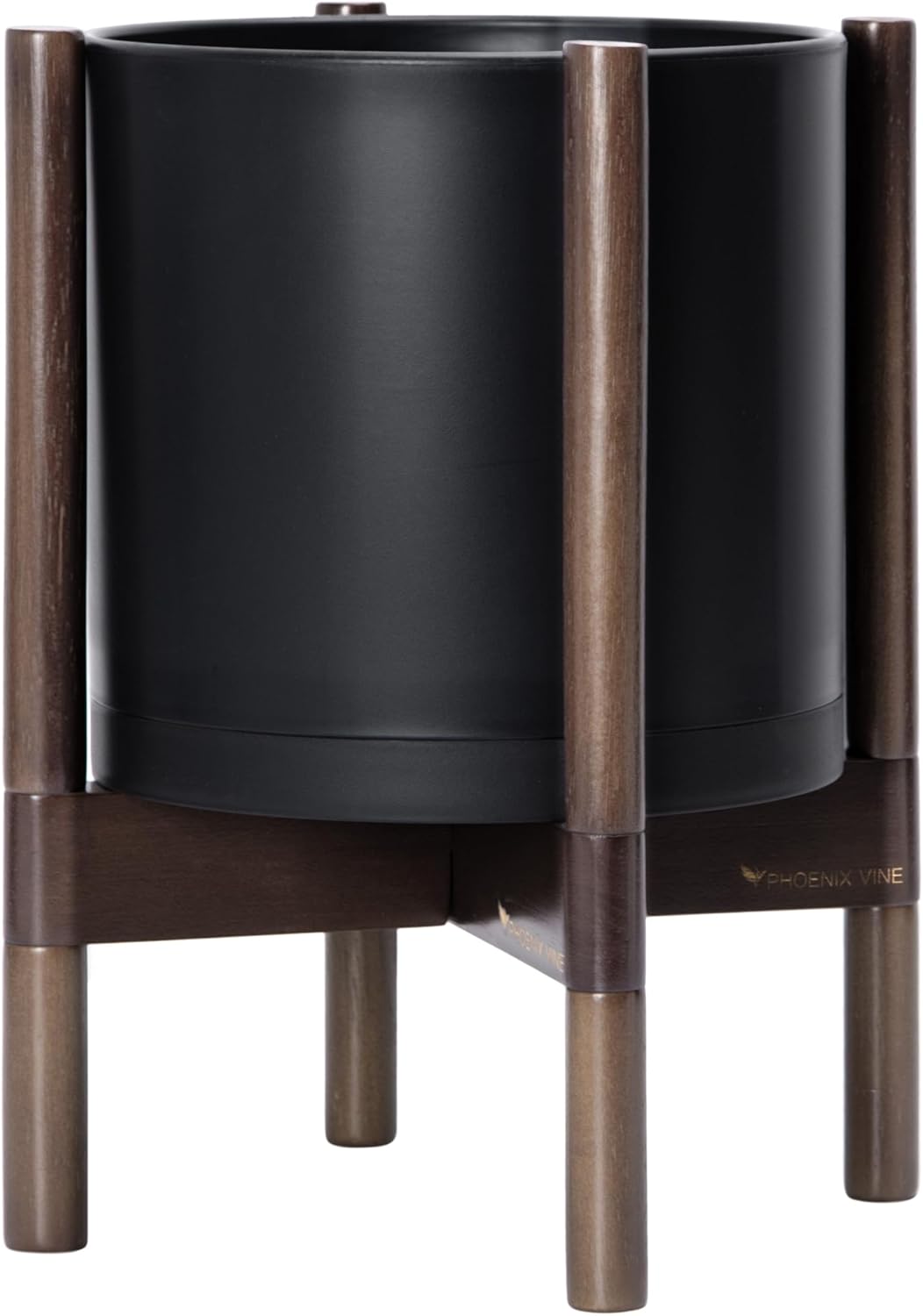D'vine Dev Planter Pot with Stand - 10 Inch Plastic Cylinder Flower Pot with Wood Planter Holder for Indoor, Matte Black Pot + Walnut Color Stand, 55-C-L-2