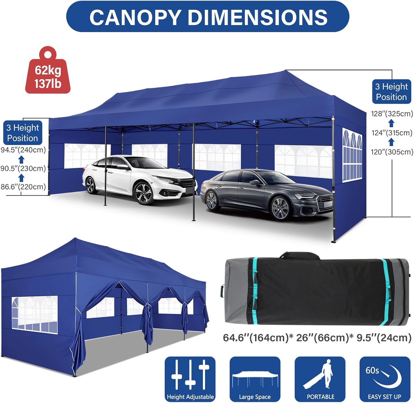 COBIZI 10x30 Pop up Canopy Heavy Duty with 8 Sidewalls, Easy Set-up Commercial Outdoor Party, 100% Waterproof Wedding Canopy Gazebo, 3 Height Adjustable with Wheeled Bag, Dark Blue