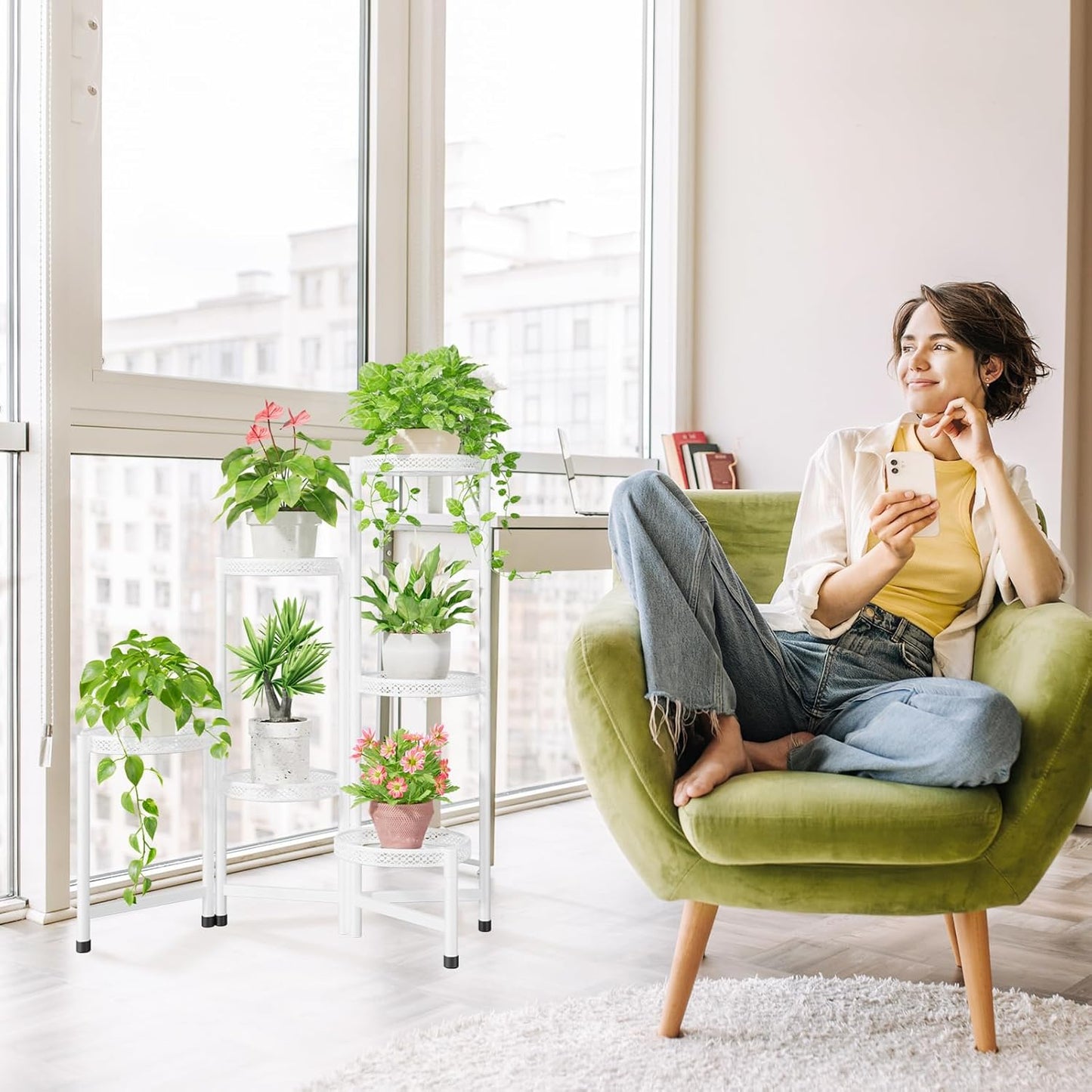 iDavosic.ly Plant Stand Indoor Outdoor, 6 Tier Corner Metal Flower Display Holder Shelf, Folding Tall Orchid Rack for Patio Balcony Porch Garden Living Room House, Wrought Iron - White