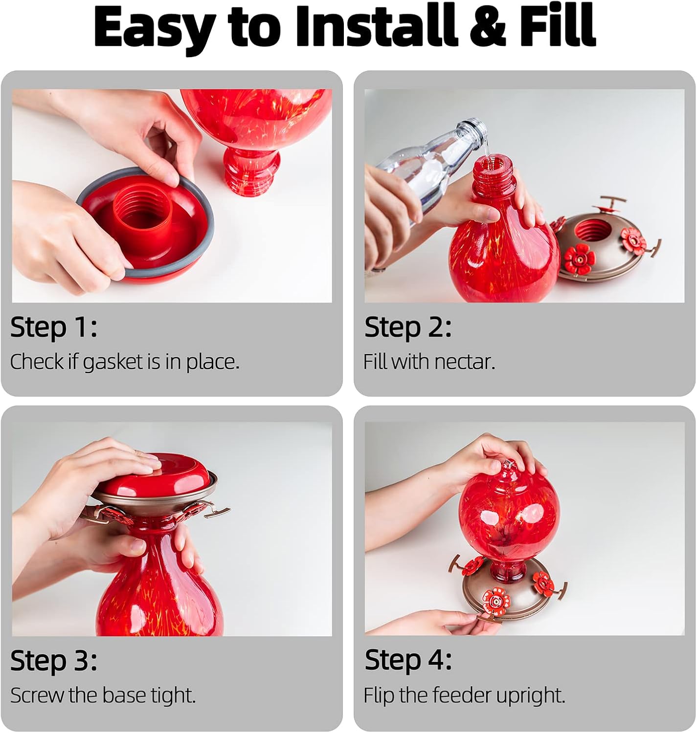 2 Packs Hummingbird Feeder for Outdoors Hanging Ant and Bee Proof, 34OZ 32OZ Hand Blown Glass Hummingbird Feeders for Outside (Blue & Flame)