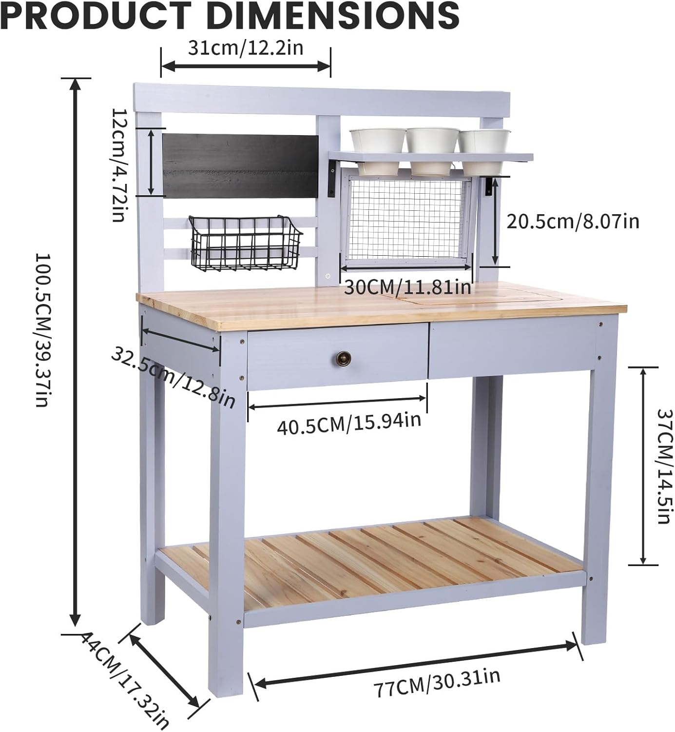 Potting Bench Outdoor Potting Table—All-Weather Kids Solid Wood Garden Work Station with Sink、Drawer、Hooks、3Flower Pots, Weather Proof (Blue, Large)