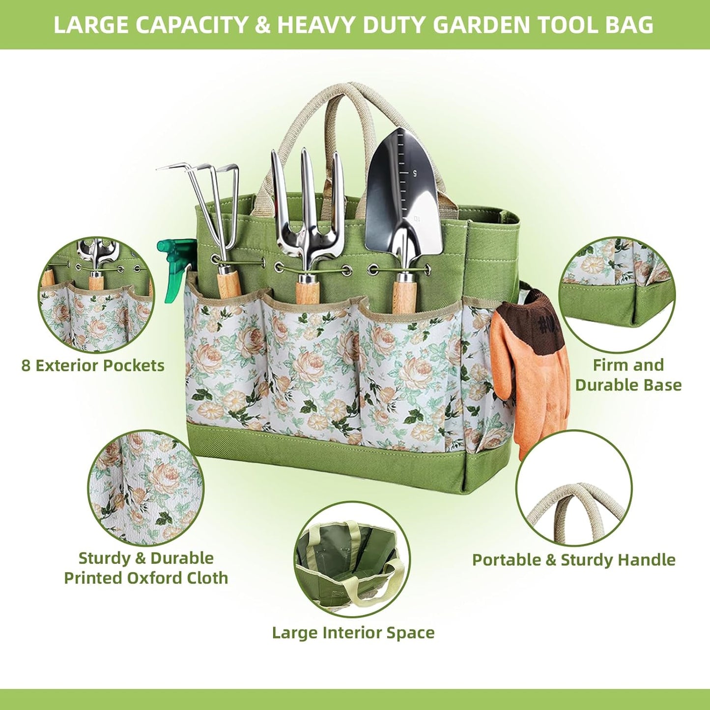 Garden Tool Set 12 Pieces Gardening Tools Stainless Steel Heavy Duty, Outdoor Hand Tools with Floral Organizer Handbag, Succulent Tools,Gardening Gifts for Women Men Beginners